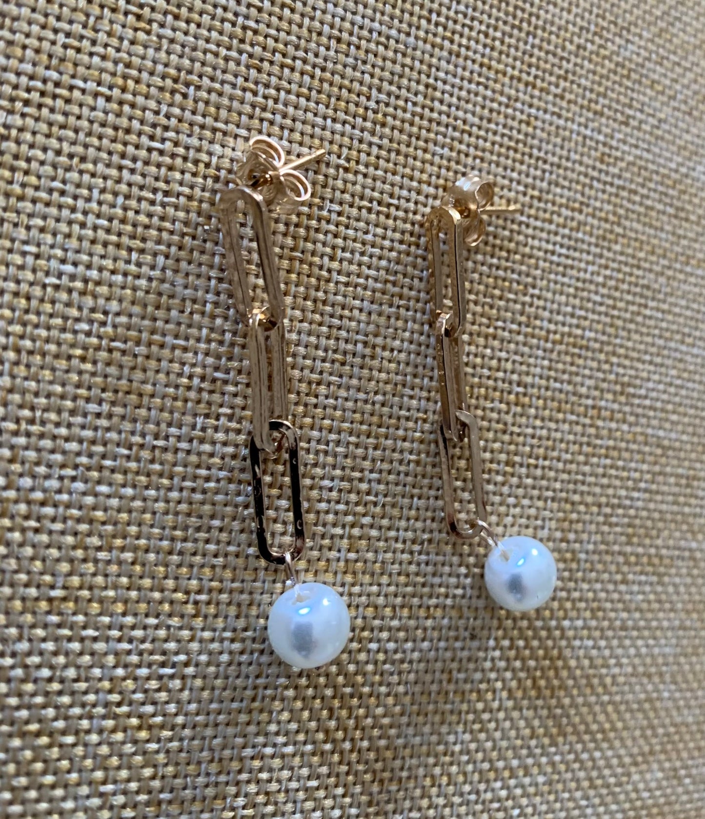 Gold Filled Paper Clip Classic Pearl Drop Earrings
