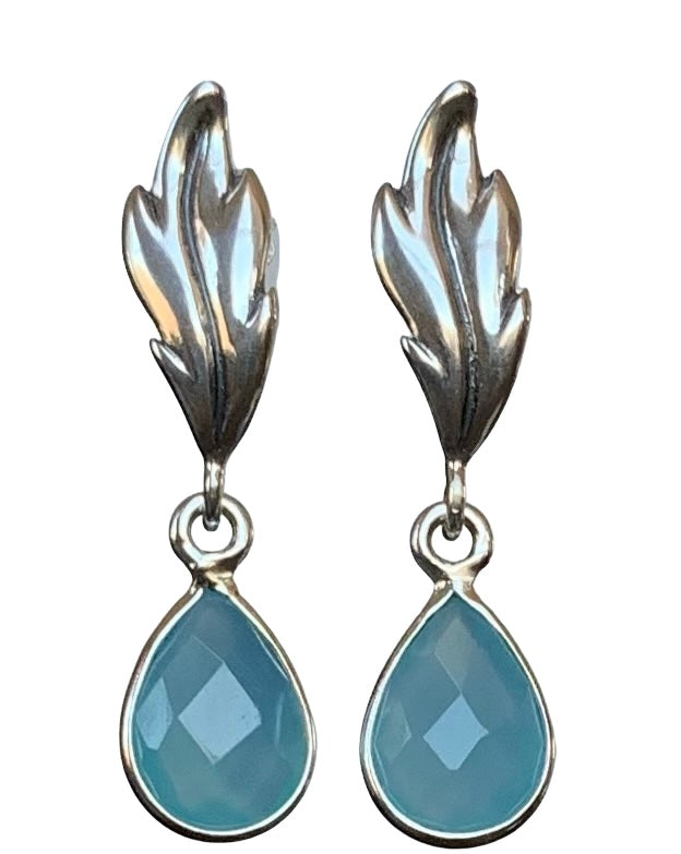 Blue Chalcedony Silver Leaf Earrings
