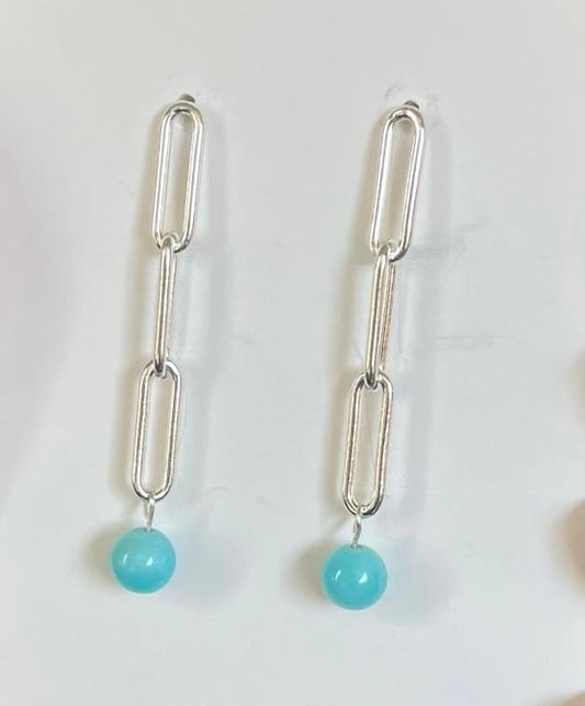Silver Paper Clip & Amazonite Earrings