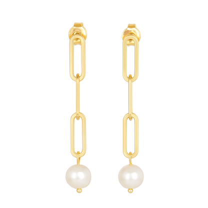 Gold Filled Paper Clip Classic Pearl Drop Earrings