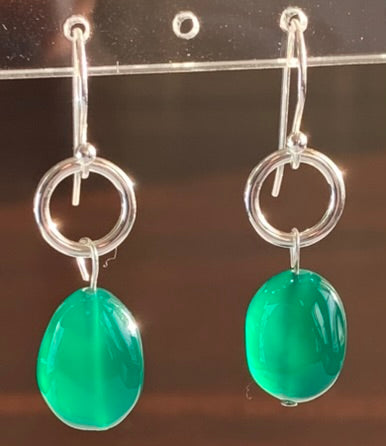 Silver Circle Bead Earrings - Green