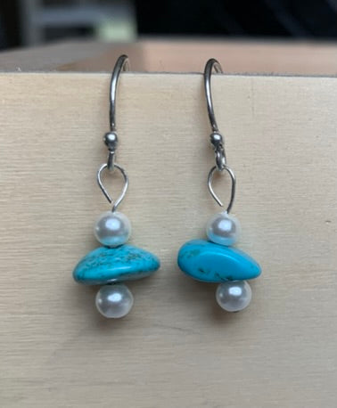 Sterling Silver Faux Pearls & Turquoise Earrings